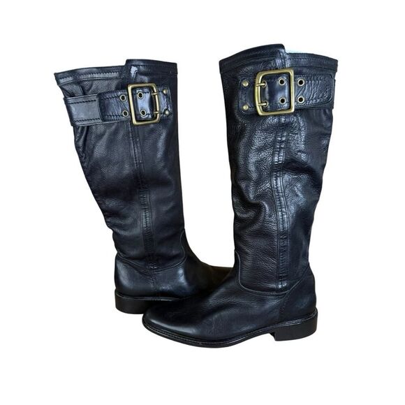 Coach Victoria Black Leather Riding Boots Brass Buckles Size 9B - Picture 1 of 12